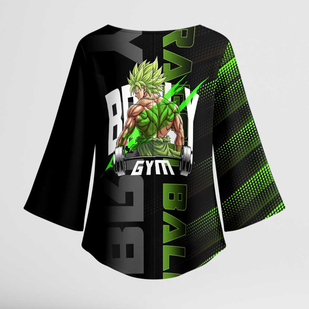 Broly Gym Theme Black and Green Design Kimono Sleeve Blouse with Powerlifting Pose and Electrified Muscle Artwork - The Mazicc