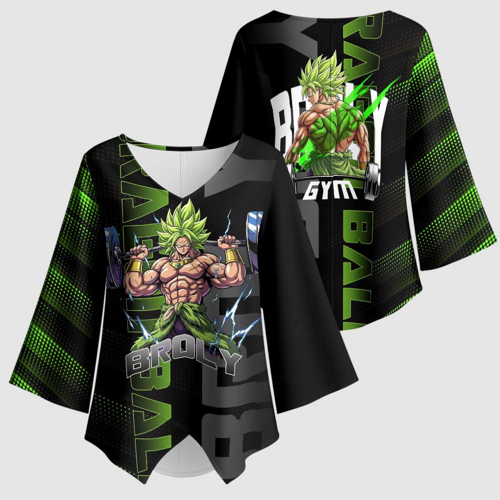 Broly Gym Theme Black and Green Design Kimono Sleeve Blouse with Powerlifting Pose and Electrified Muscle Artwork - The Mazicc
