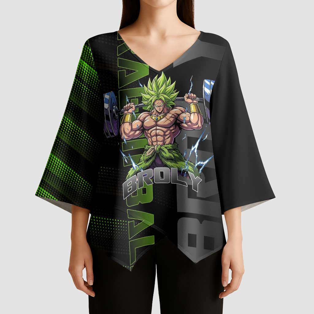 Broly Gym Theme Black and Green Design Kimono Sleeve Blouse with Powerlifting Pose and Electrified Muscle Artwork - The Mazicc