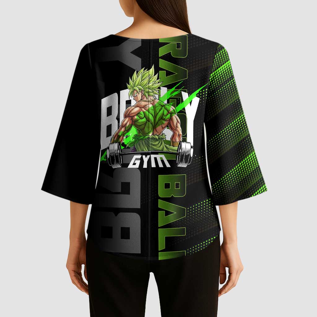 Broly Gym Theme Black and Green Design Kimono Sleeve Blouse with Powerlifting Pose and Electrified Muscle Artwork - The Mazicc