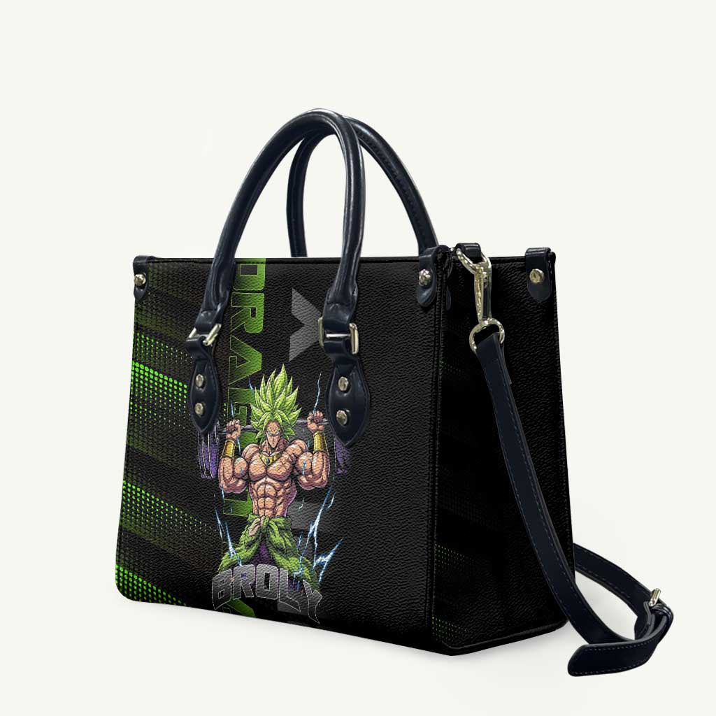 Broly Gym Theme Black and Green Design Leather Bag with Powerlifting Pose and Electrified Muscle Artwork - The Mazicc