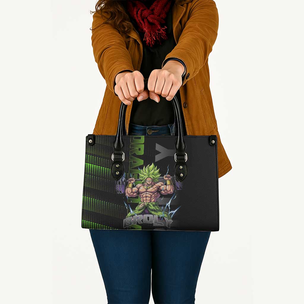 Broly Gym Theme Black and Green Design Leather Bag with Powerlifting Pose and Electrified Muscle Artwork - The Mazicc