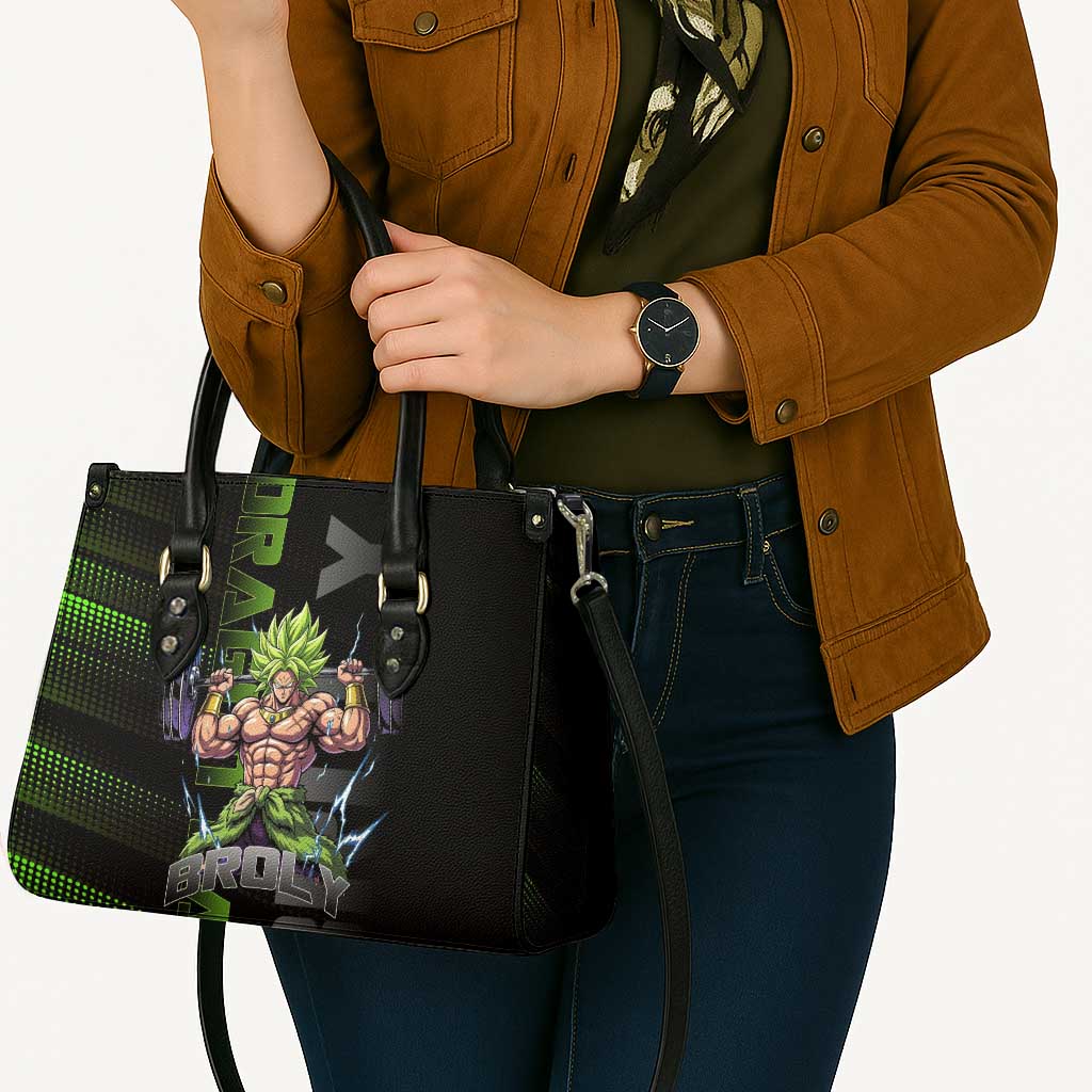 Broly Gym Theme Black and Green Design Leather Bag with Powerlifting Pose and Electrified Muscle Artwork - The Mazicc
