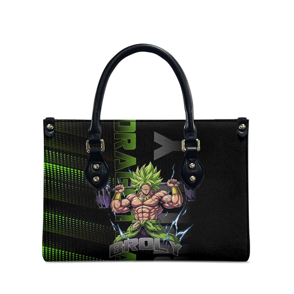 Broly Gym Theme Black and Green Design Leather Bag with Powerlifting Pose and Electrified Muscle Artwork - The Mazicc