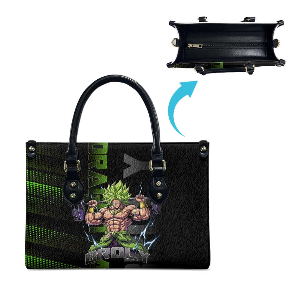 Broly Gym Theme Black and Green Design Leather Bag with Powerlifting Pose and Electrified Muscle Artwork - The Mazicc
