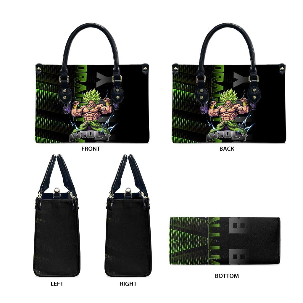 Broly Gym Theme Black and Green Design Leather Bag with Powerlifting Pose and Electrified Muscle Artwork - The Mazicc