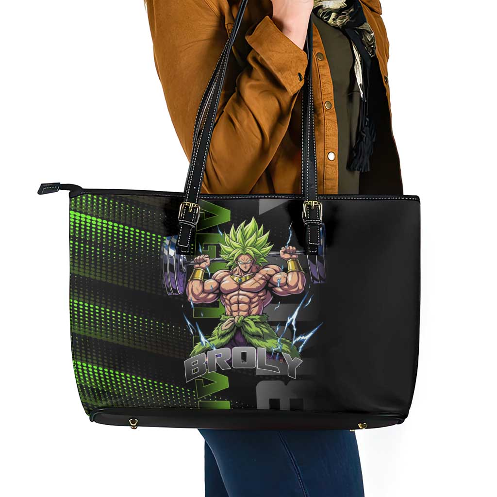 Broly Gym Theme Black and Green Design Leather Tote Bag with Powerlifting Pose and Electrified Muscle Artwork - The Mazicc