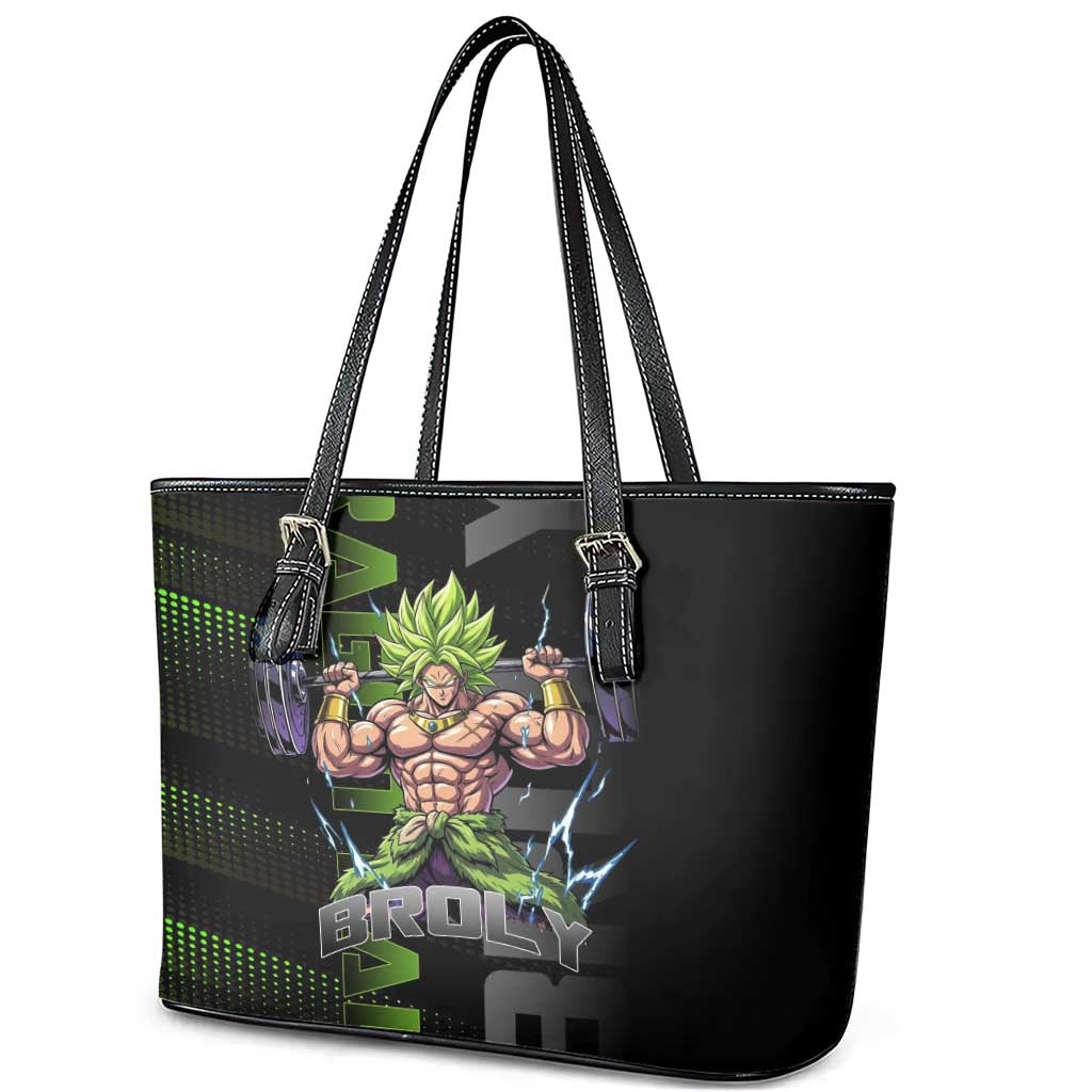 Broly Gym Theme Black and Green Design Leather Tote Bag with Powerlifting Pose and Electrified Muscle Artwork - The Mazicc