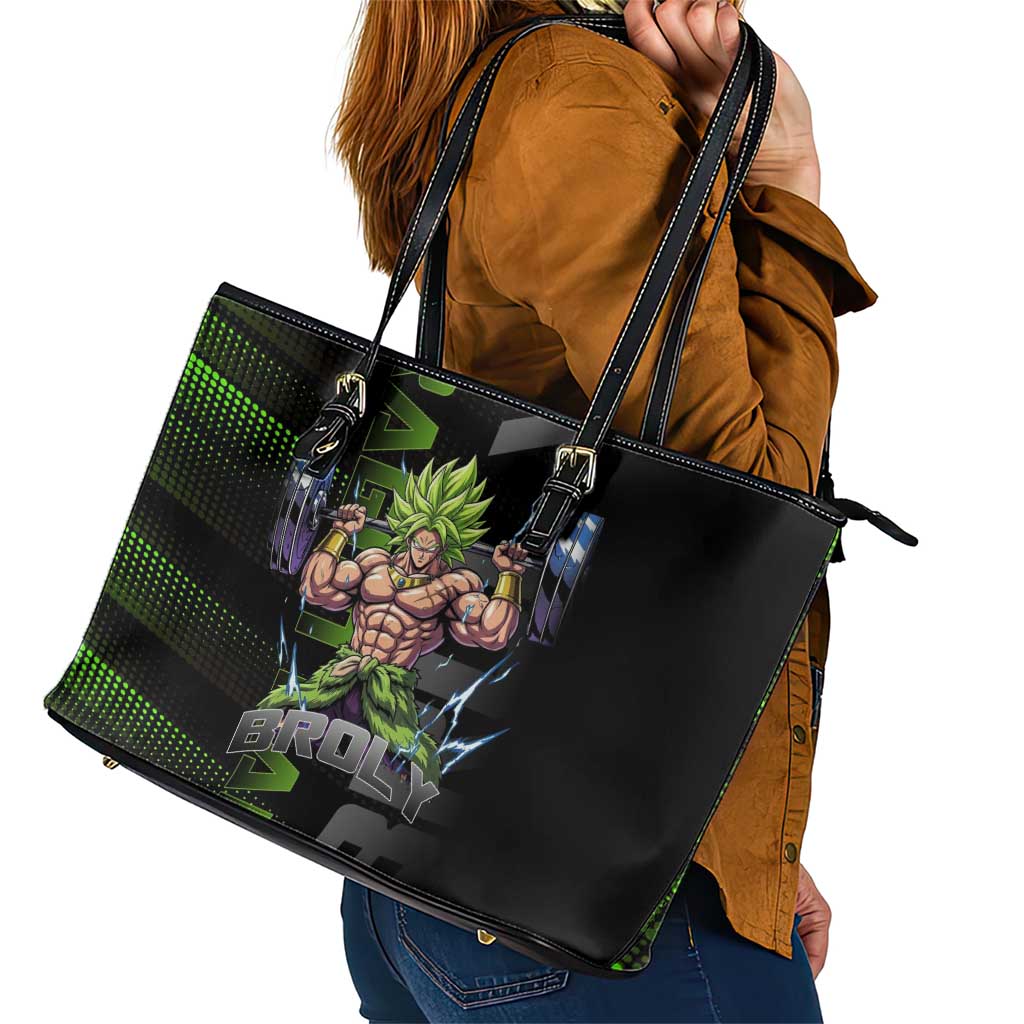 Broly Gym Theme Black and Green Design Leather Tote Bag with Powerlifting Pose and Electrified Muscle Artwork - The Mazicc