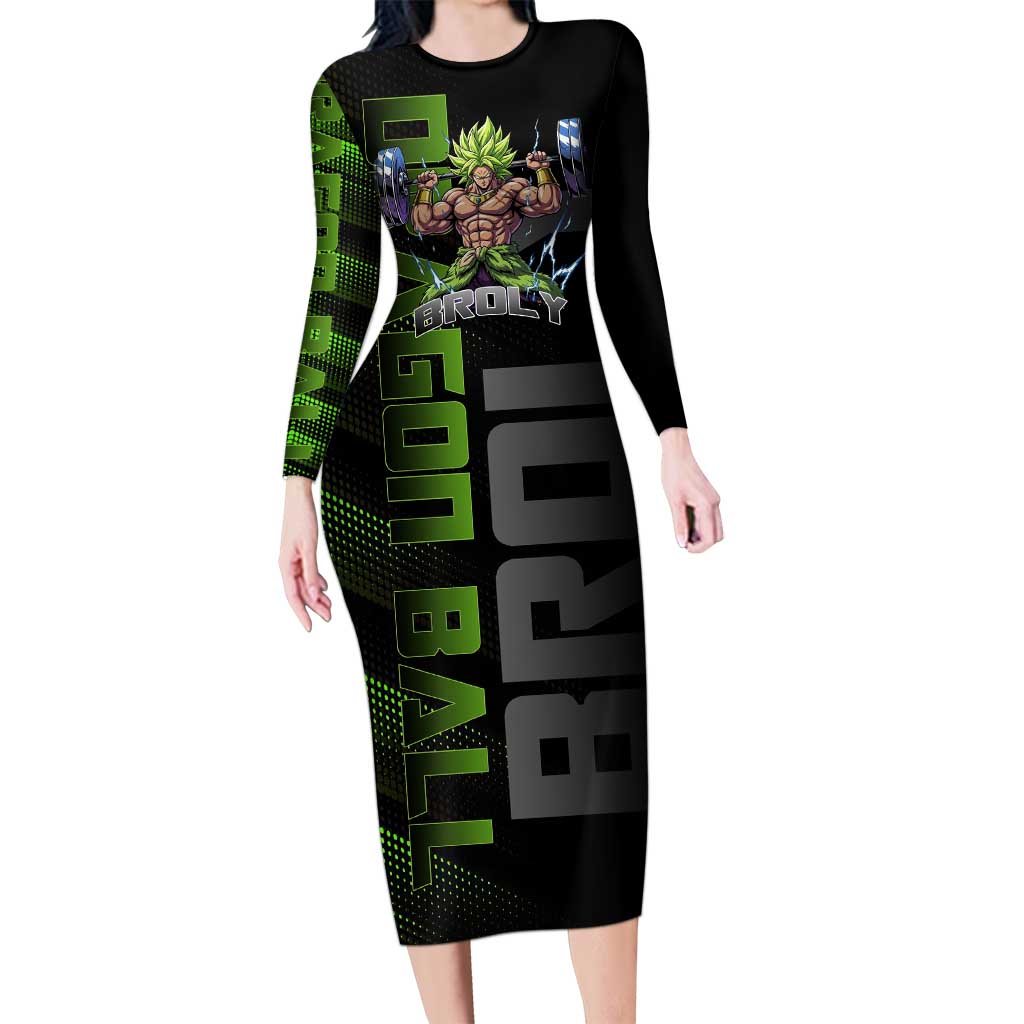 Broly Gym Theme Black and Green Design Long Sleeve Bodycon Dress with Powerlifting Pose and Electrified Muscle Artwork - The Mazicc