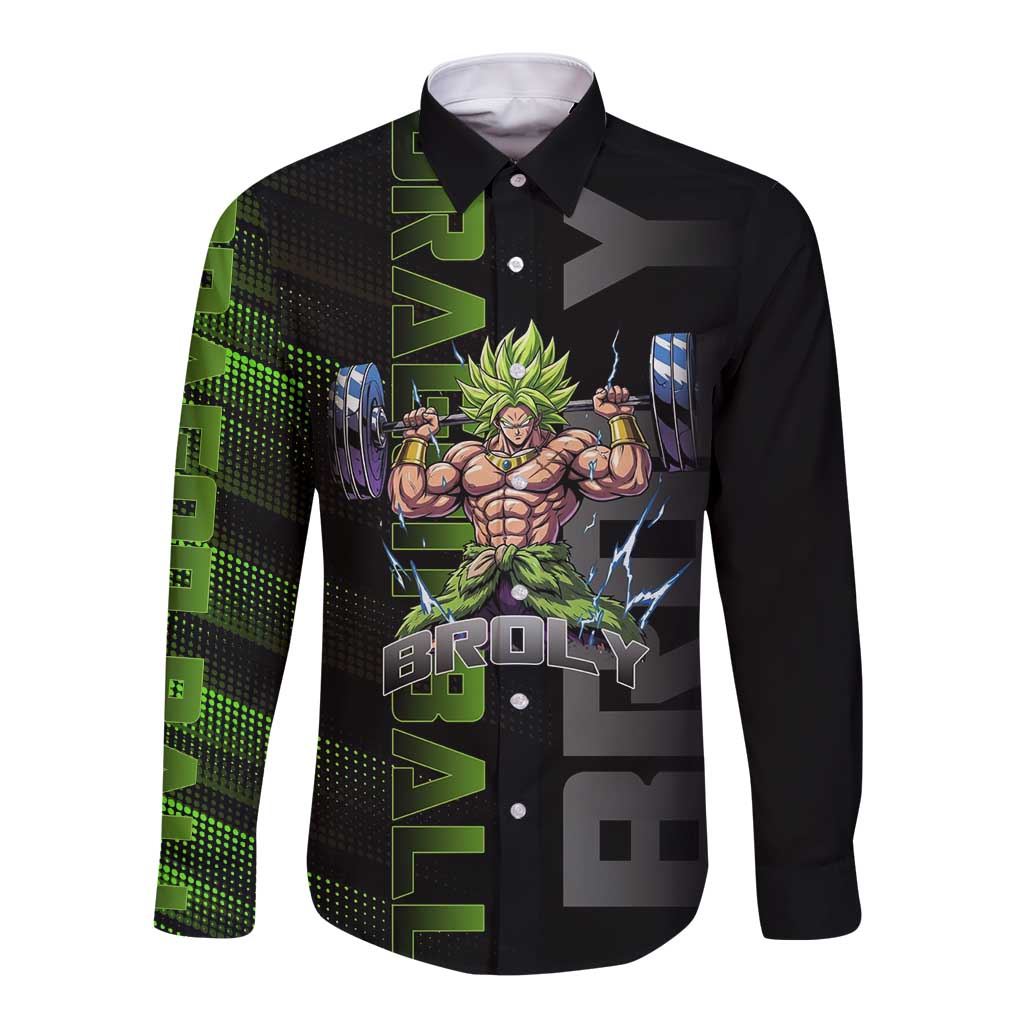 Broly Gym Theme Black and Green Design Long Sleeve Button Shirt with Powerlifting Pose and Electrified Muscle Artwork - The Mazicc