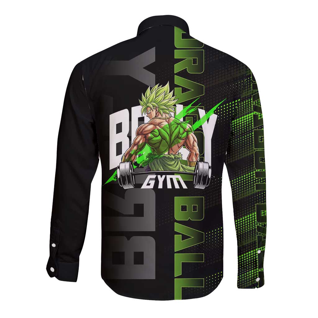 Broly Gym Theme Black and Green Design Long Sleeve Button Shirt with Powerlifting Pose and Electrified Muscle Artwork - The Mazicc