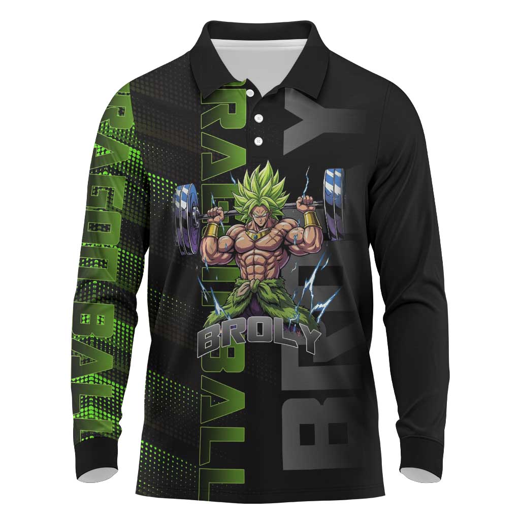 Broly Gym Theme Black and Green Design Long Sleeve Polo Shirt with Powerlifting Pose and Electrified Muscle Artwork - The Mazicc