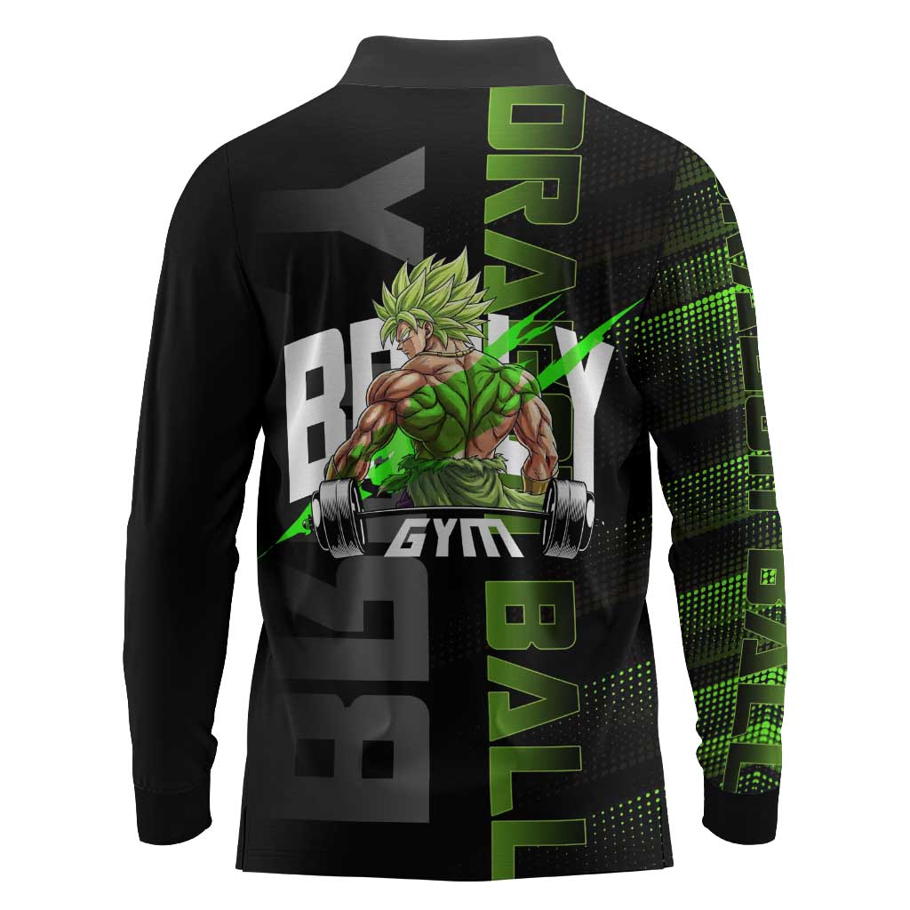 Broly Gym Theme Black and Green Design Long Sleeve Polo Shirt with Powerlifting Pose and Electrified Muscle Artwork - The Mazicc