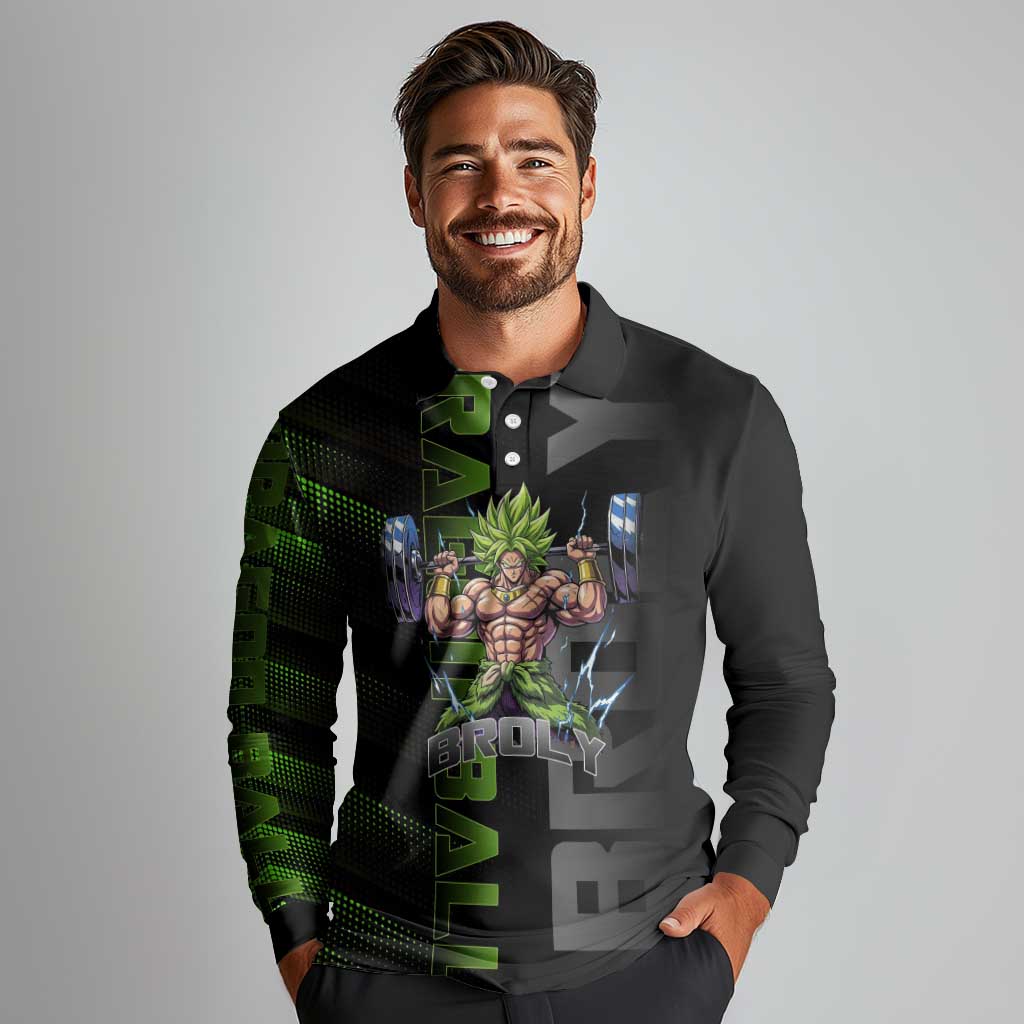 Broly Gym Theme Black and Green Design Long Sleeve Polo Shirt with Powerlifting Pose and Electrified Muscle Artwork - The Mazicc