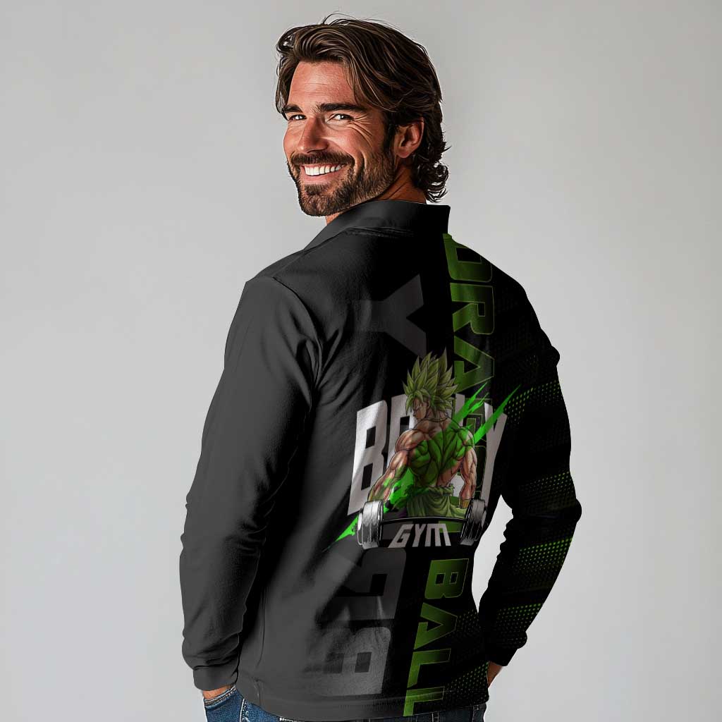 Broly Gym Theme Black and Green Design Long Sleeve Polo Shirt with Powerlifting Pose and Electrified Muscle Artwork - The Mazicc