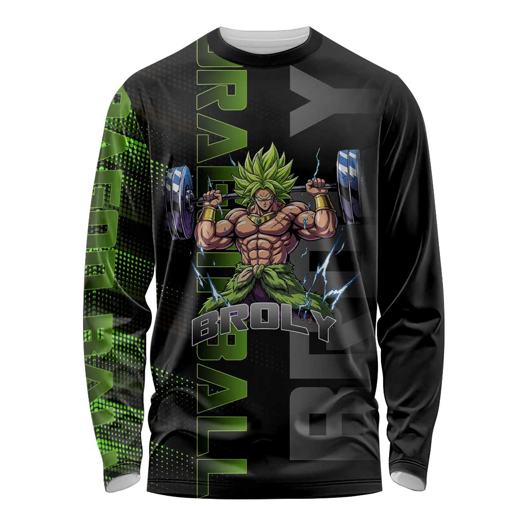 Broly Gym Theme Black and Green Design Long Sleeve Shirt with Powerlifting Pose and Electrified Muscle Artwork - The Mazicc