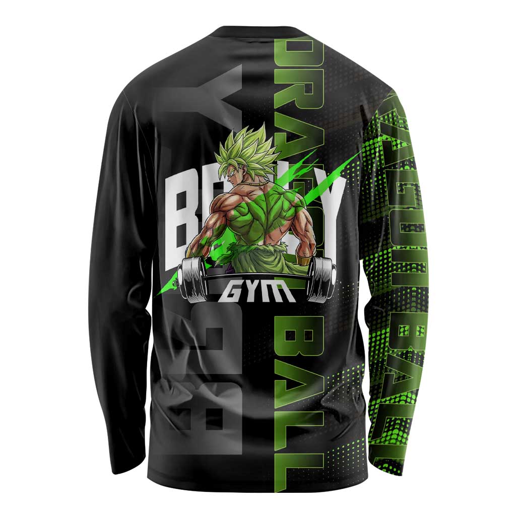 Broly Gym Theme Black and Green Design Long Sleeve Shirt with Powerlifting Pose and Electrified Muscle Artwork - The Mazicc