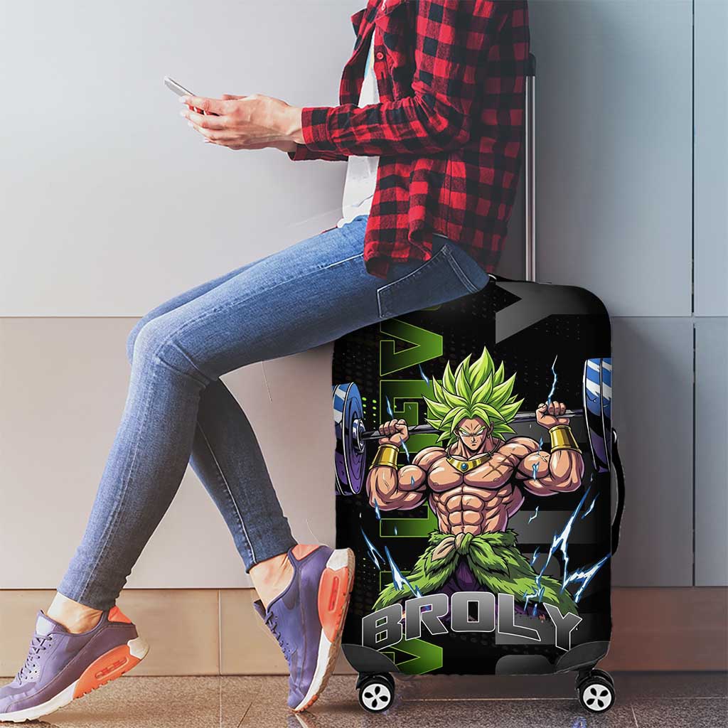 Broly Gym Theme Black and Green Design Luggage Cover with Powerlifting Pose and Electrified Muscle Artwork - The Mazicc