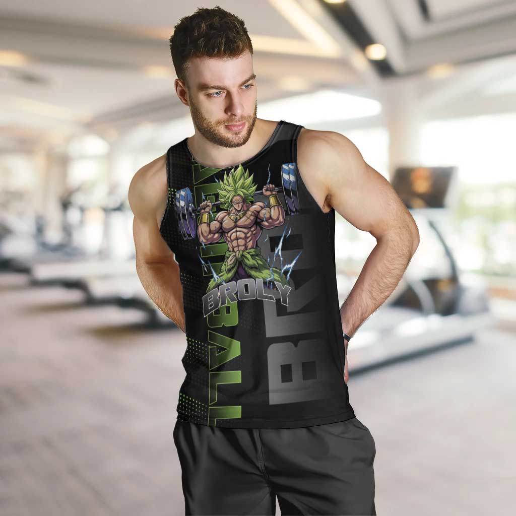 Broly Gym Theme Black and Green Design Men Tank Top with Powerlifting Pose and Electrified Muscle Artwork - The Mazicc