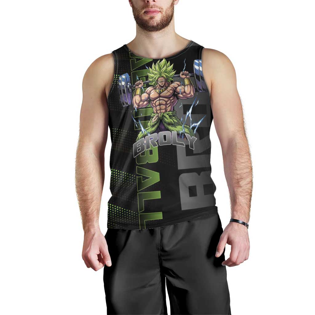 Broly Gym Theme Black and Green Design Men Tank Top with Powerlifting Pose and Electrified Muscle Artwork - The Mazicc