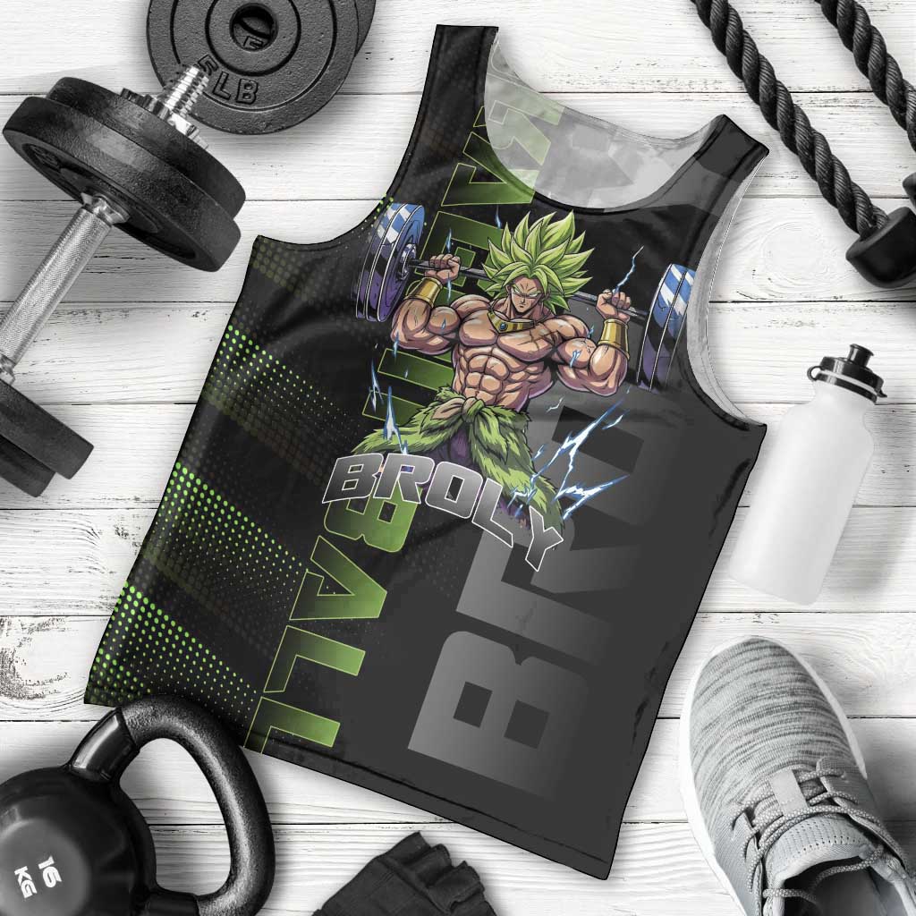 Broly Gym Theme Black and Green Design Men Tank Top with Powerlifting Pose and Electrified Muscle Artwork - The Mazicc