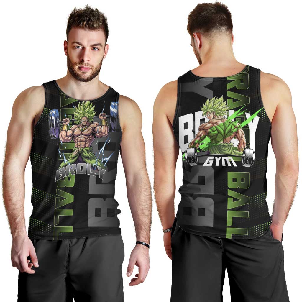 Broly Gym Theme Black and Green Design Men Tank Top with Powerlifting Pose and Electrified Muscle Artwork - The Mazicc