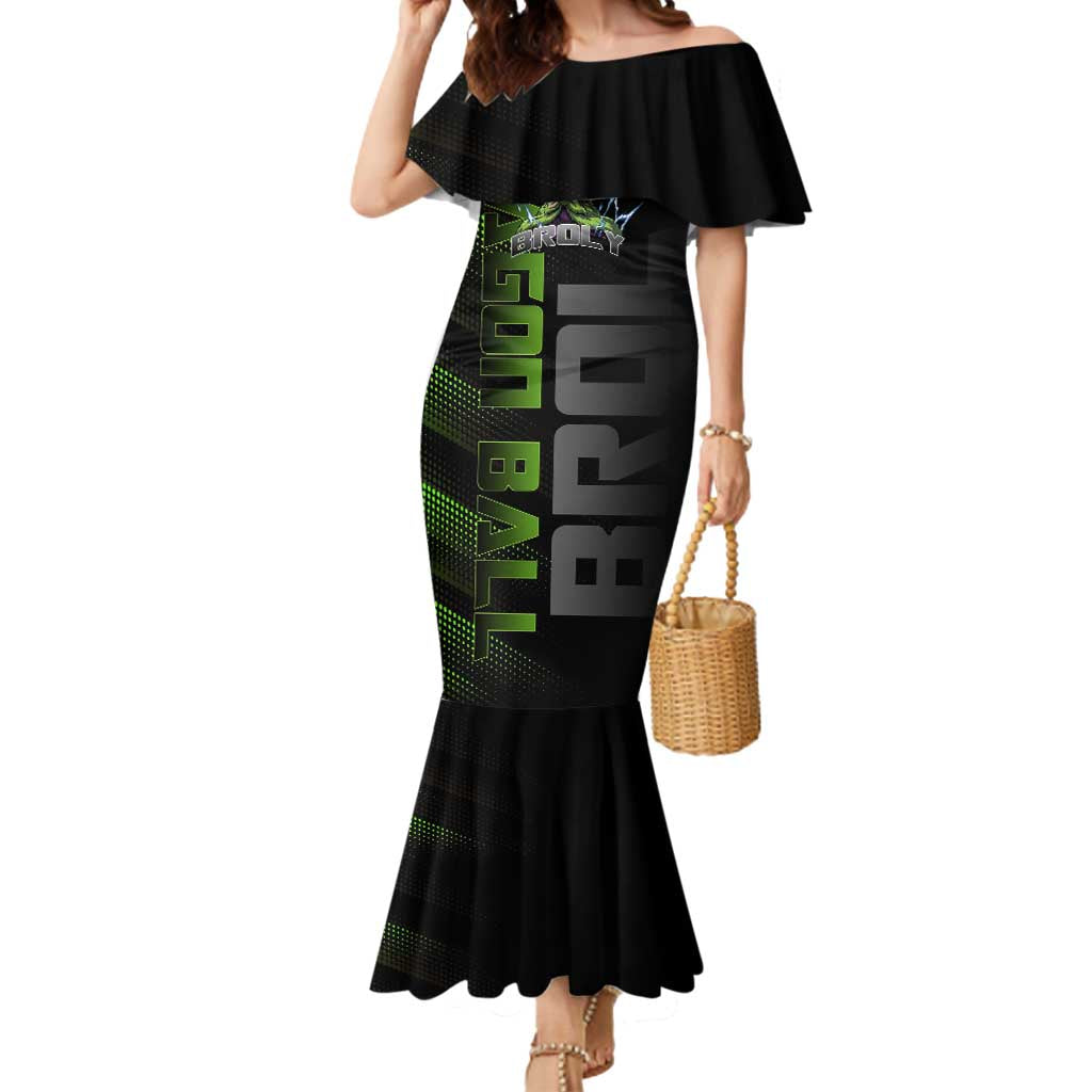Broly Gym Theme Black and Green Design Mermaid Dress with Powerlifting Pose and Electrified Muscle Artwork - The Mazicc