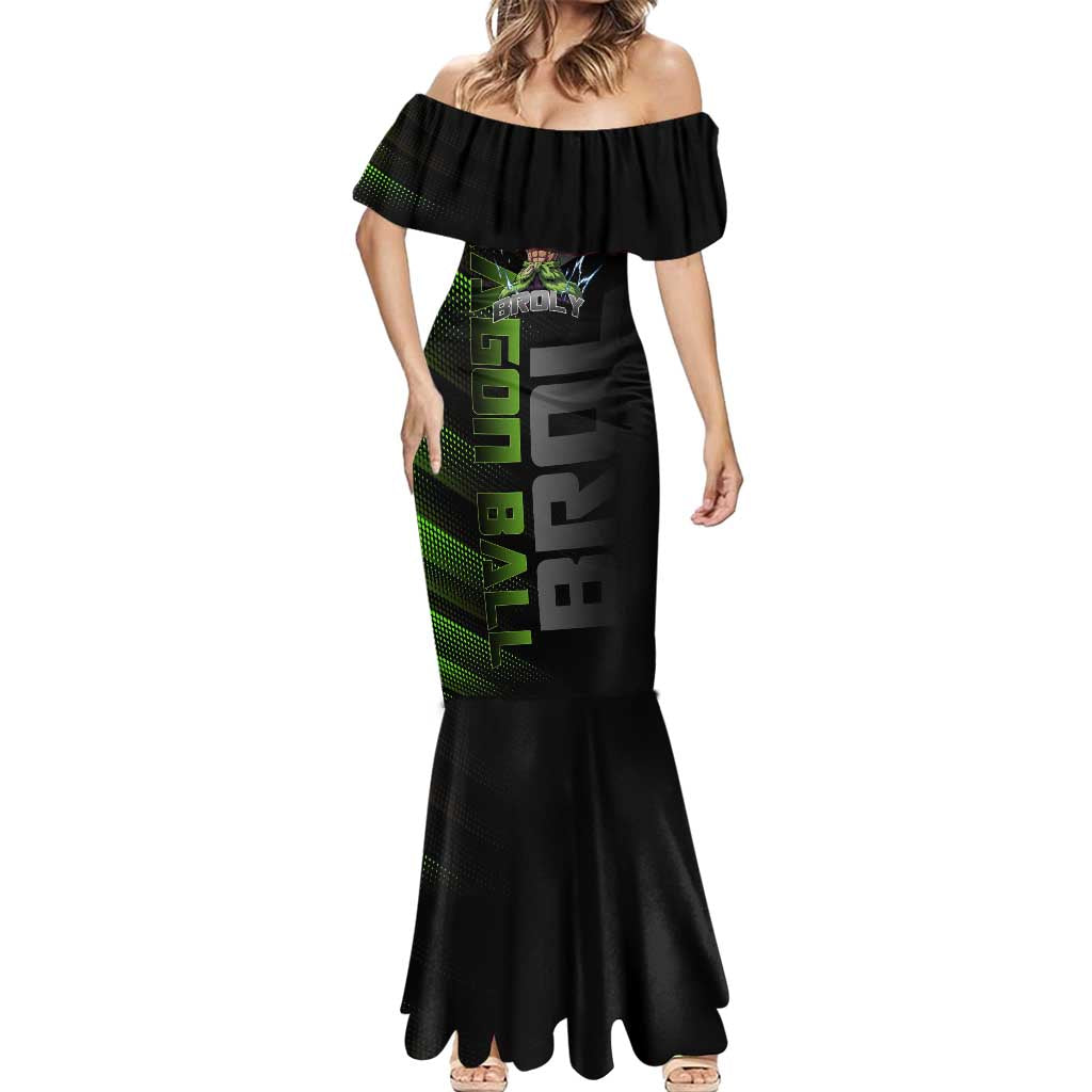Broly Gym Theme Black and Green Design Mermaid Dress with Powerlifting Pose and Electrified Muscle Artwork - The Mazicc