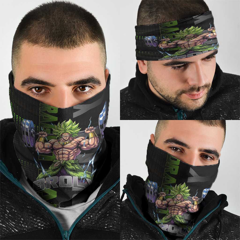 Broly Gym Theme Black and Green Design Neck Gaiter with Powerlifting Pose and Electrified Muscle Artwork - The Mazicc