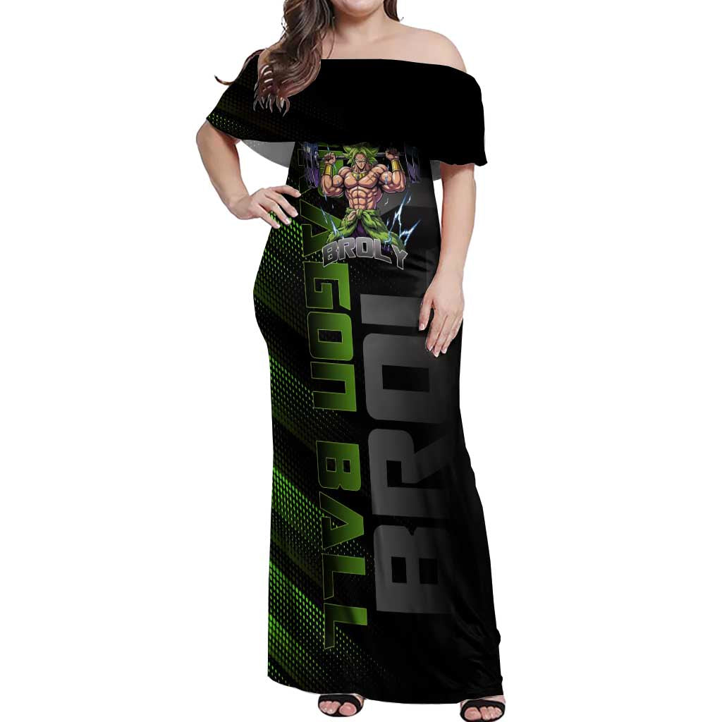 Broly Gym Theme Black and Green Design Off Shoulder Maxi Dress with Powerlifting Pose and Electrified Muscle Artwork - The Mazicc