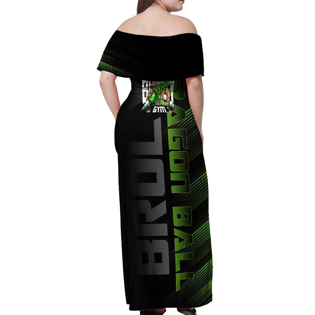 Broly Gym Theme Black and Green Design Off Shoulder Maxi Dress with Powerlifting Pose and Electrified Muscle Artwork - The Mazicc