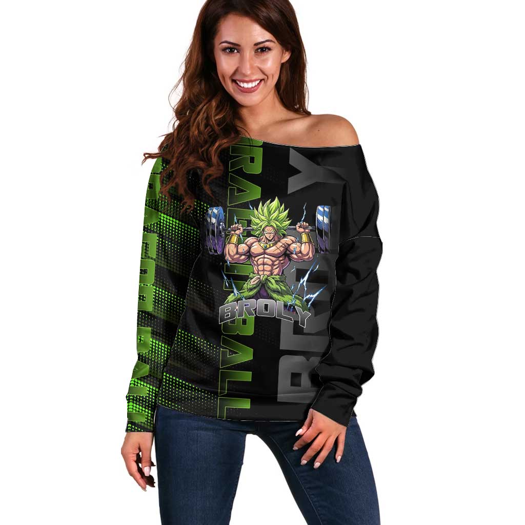 Broly Gym Theme Black and Green Design Off Shoulder Sweater with Powerlifting Pose and Electrified Muscle Artwork - The Mazicc