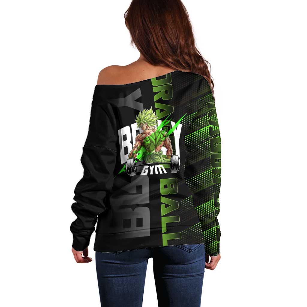 Broly Gym Theme Black and Green Design Off Shoulder Sweater with Powerlifting Pose and Electrified Muscle Artwork - The Mazicc
