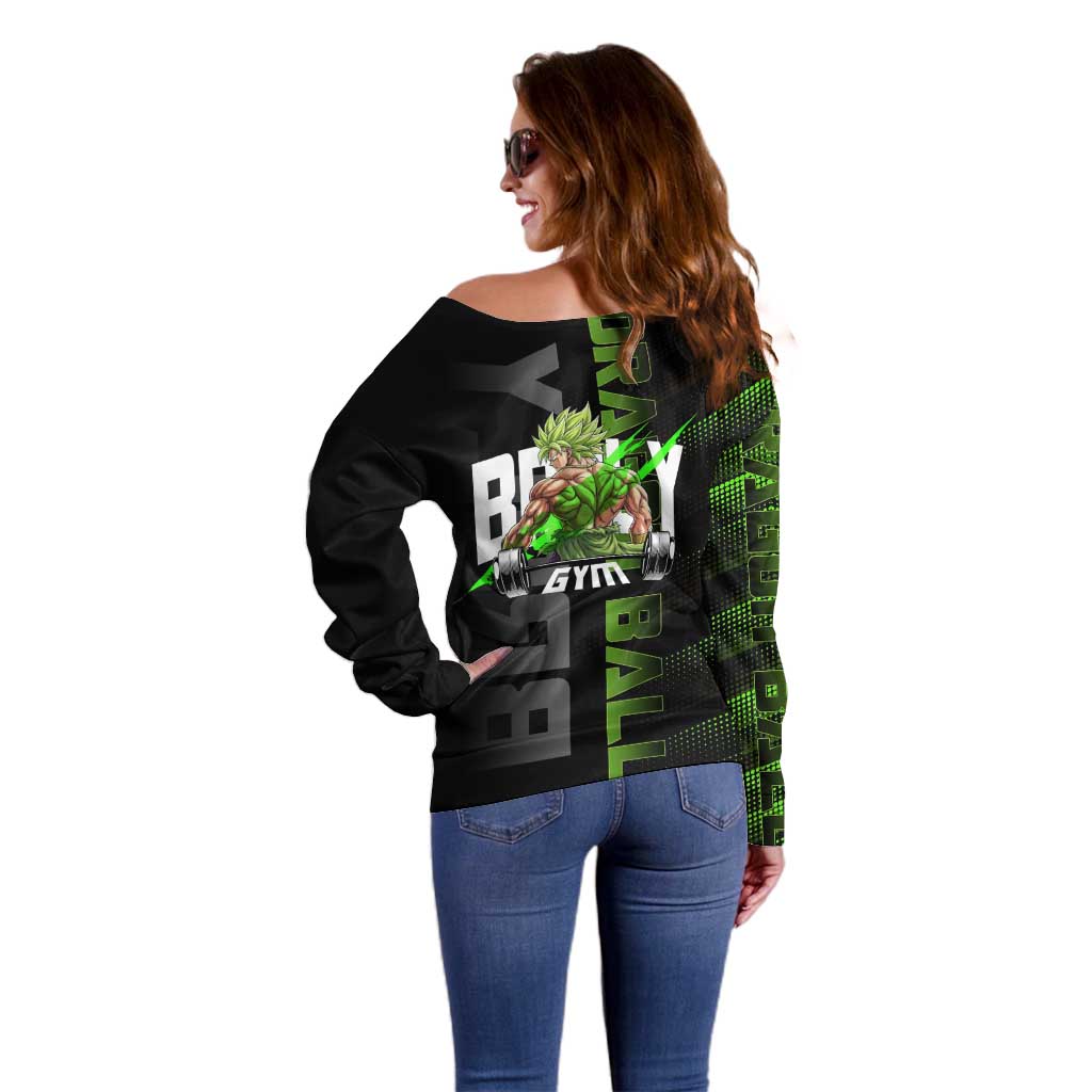 Broly Gym Theme Black and Green Design Off Shoulder Sweater with Powerlifting Pose and Electrified Muscle Artwork - The Mazicc