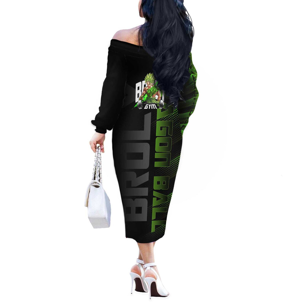 Broly Gym Theme Black and Green Design Off The Shoulder Long Sleeve Dress with Powerlifting Pose and Electrified Muscle Artwork - The Mazicc