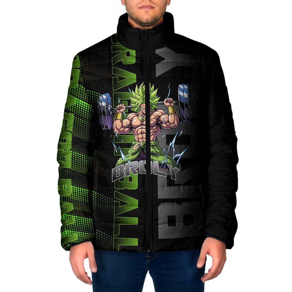 Broly Gym Theme Black and Green Design Padded Jacket with Powerlifting Pose and Electrified Muscle Artwork - The Mazicc