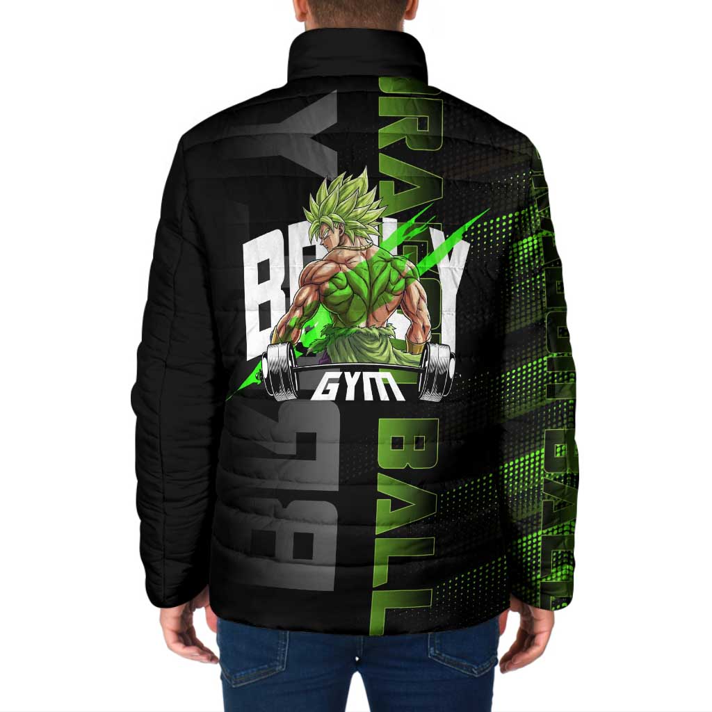 Broly Gym Theme Black and Green Design Padded Jacket with Powerlifting Pose and Electrified Muscle Artwork - The Mazicc