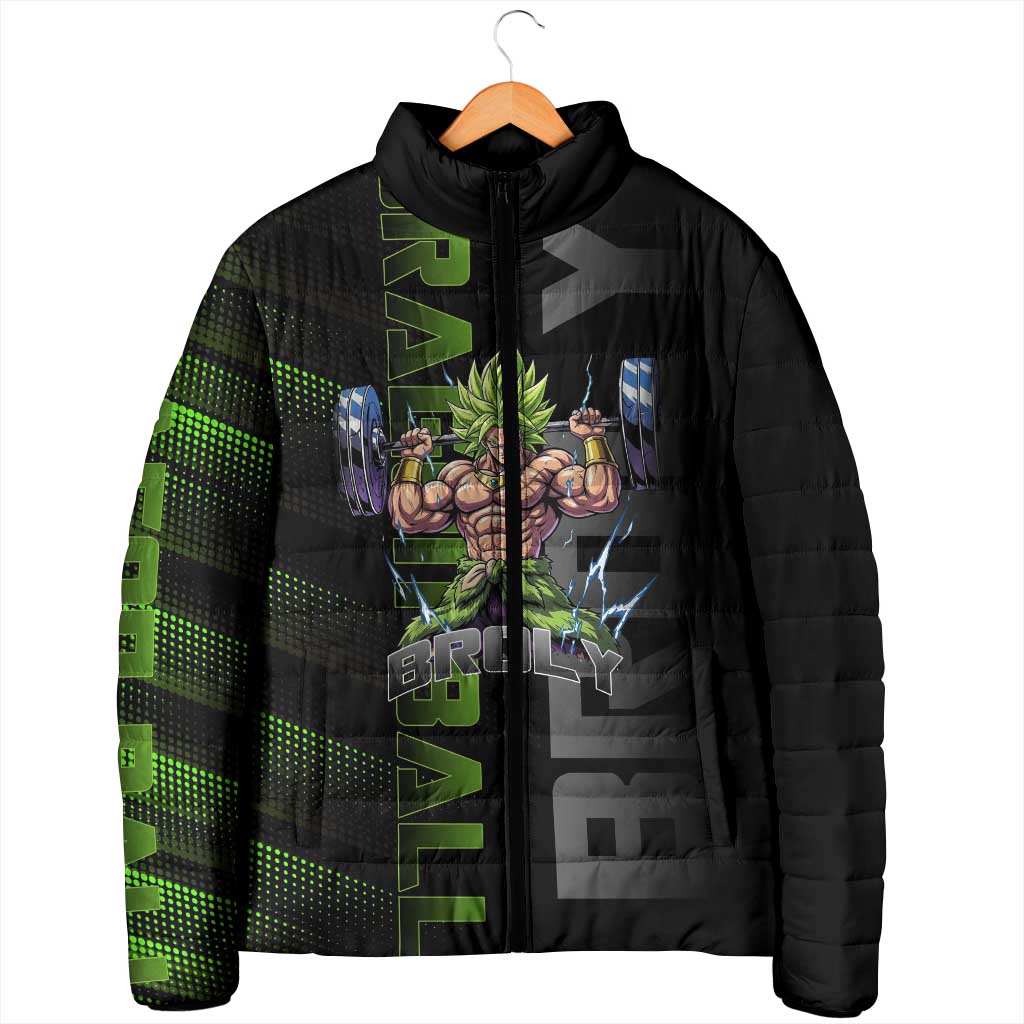 Broly Gym Theme Black and Green Design Padded Jacket with Powerlifting Pose and Electrified Muscle Artwork - The Mazicc