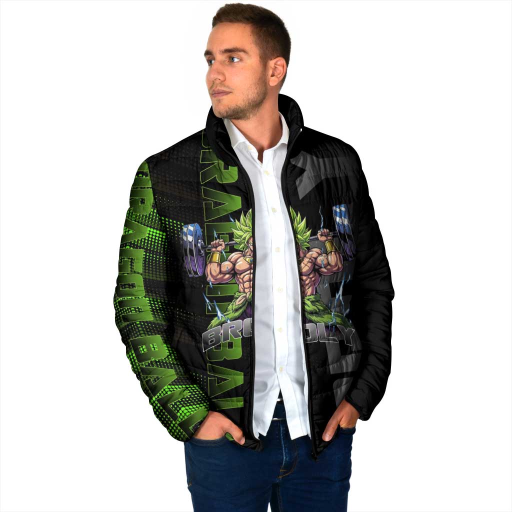 Broly Gym Theme Black and Green Design Padded Jacket with Powerlifting Pose and Electrified Muscle Artwork - The Mazicc