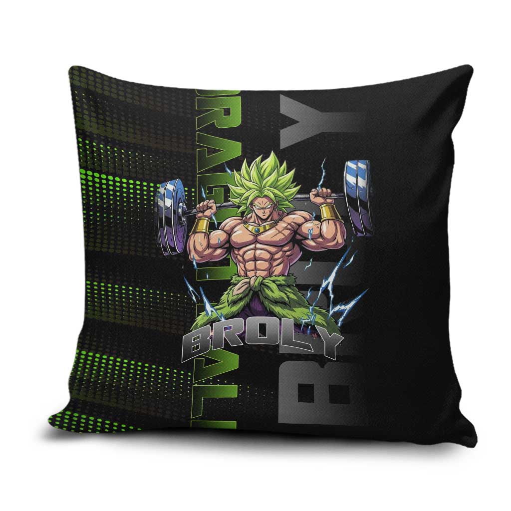 Broly Gym Theme Black and Green Design Pillow Cover with Powerlifting Pose and Electrified Muscle Artwork - The Mazicc