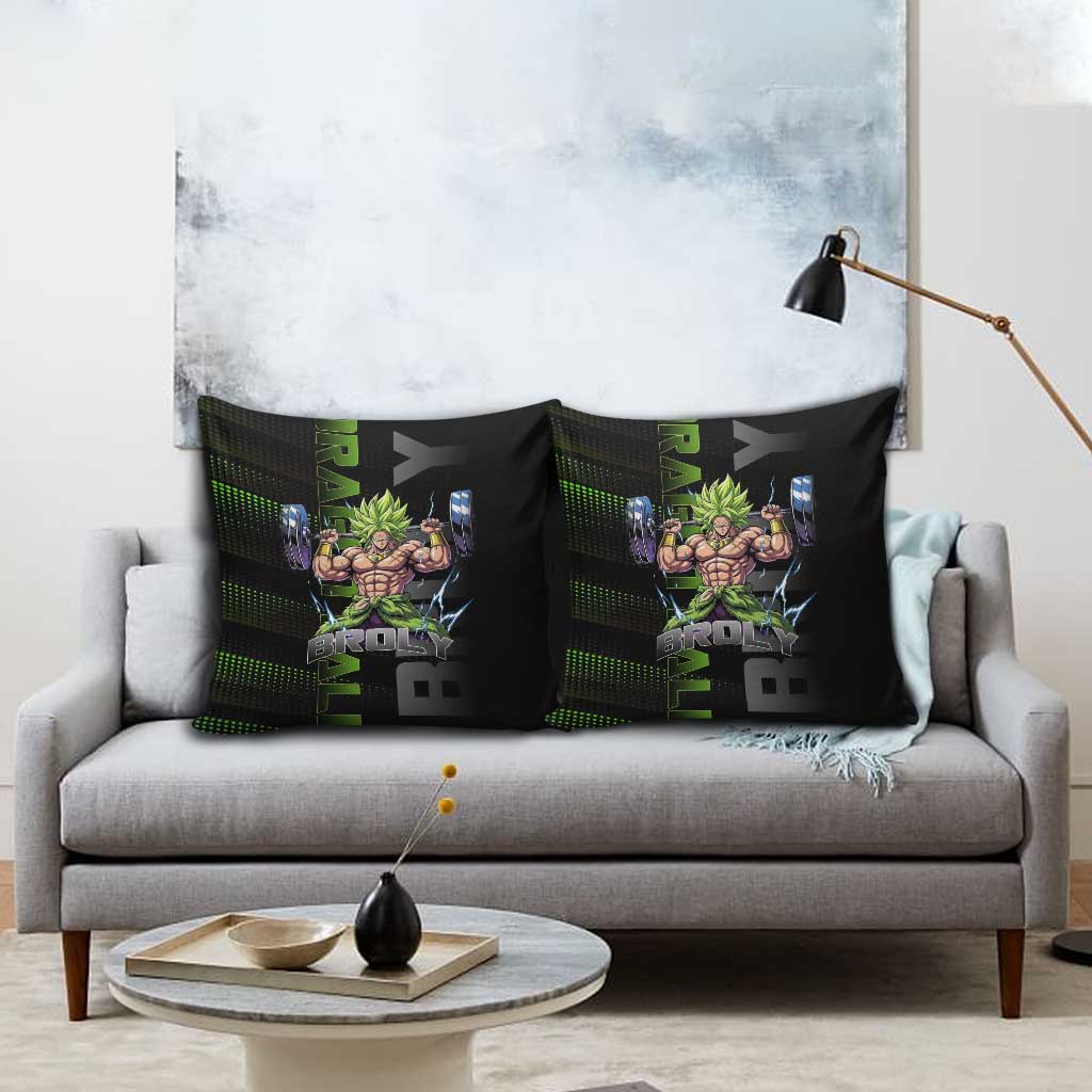 Broly Gym Theme Black and Green Design Pillow Cover with Powerlifting Pose and Electrified Muscle Artwork - The Mazicc