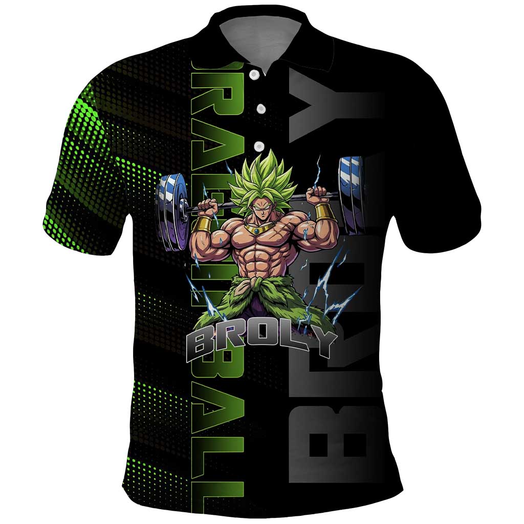 Broly Gym Theme Black and Green Design Polo Shirt with Powerlifting Pose and Electrified Muscle Artwork - The Mazicc