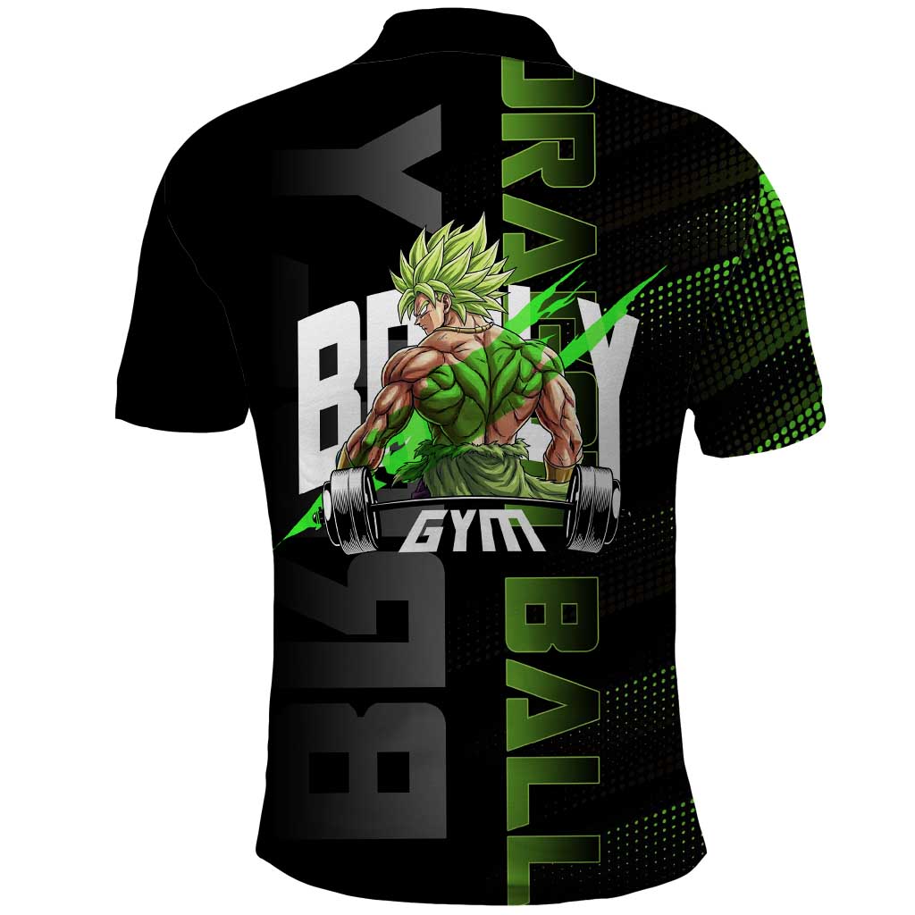 Broly Gym Theme Black and Green Design Polo Shirt with Powerlifting Pose and Electrified Muscle Artwork - The Mazicc