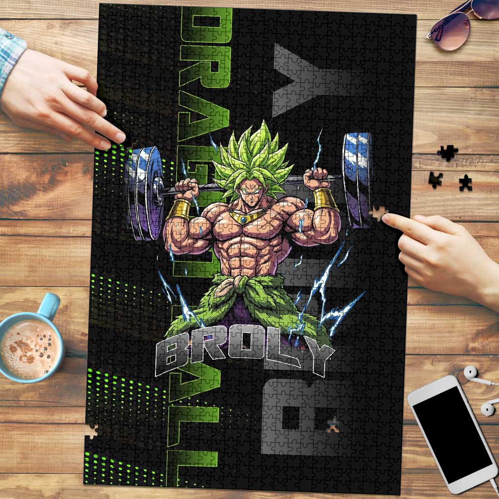 Broly Gym Theme Black and Green Design Puzzle with Powerlifting Pose and Electrified Muscle Artwork - The Mazicc
