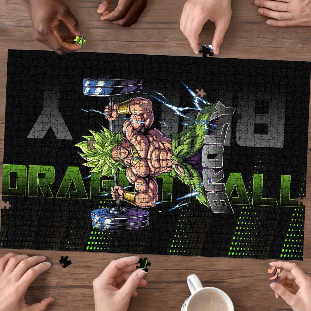 Broly Gym Theme Black and Green Design Puzzle with Powerlifting Pose and Electrified Muscle Artwork - The Mazicc