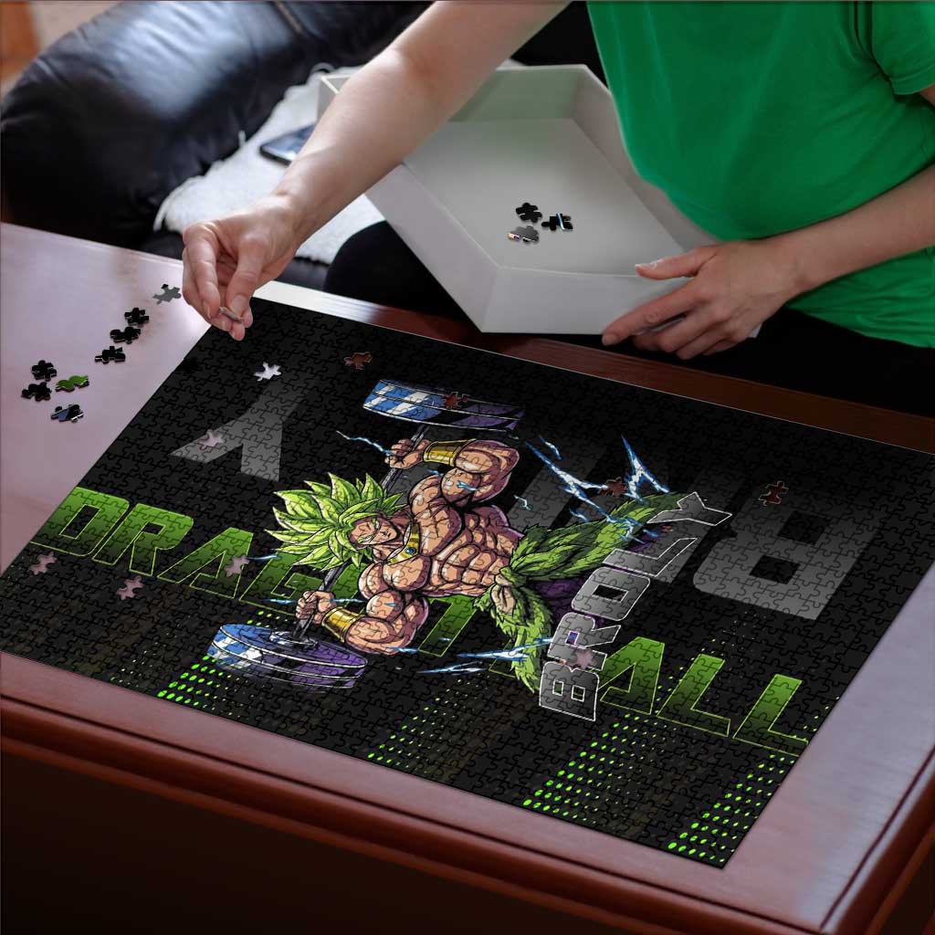 Broly Gym Theme Black and Green Design Puzzle with Powerlifting Pose and Electrified Muscle Artwork - The Mazicc