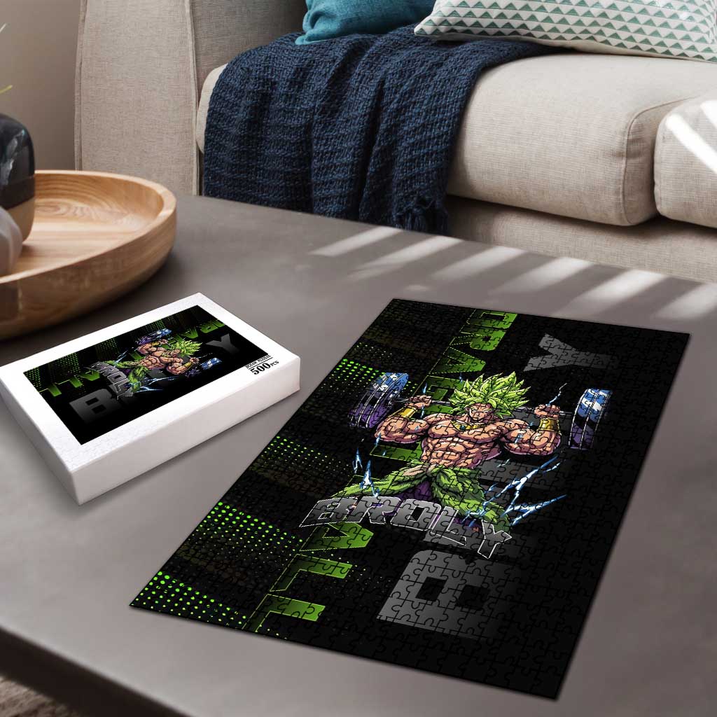 Broly Gym Theme Black and Green Design Puzzle with Powerlifting Pose and Electrified Muscle Artwork - The Mazicc