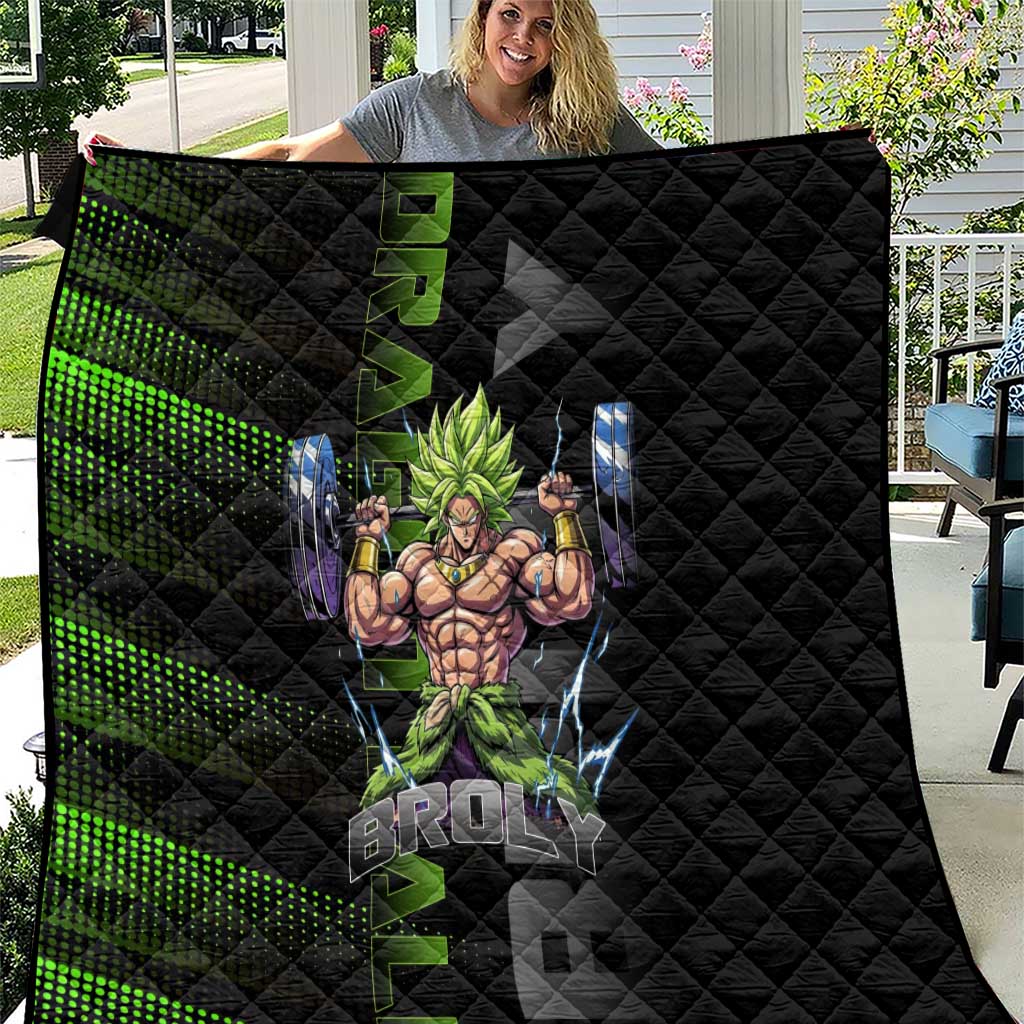 Broly Gym Theme Black and Green Design Quilt with Powerlifting Pose and Electrified Muscle Artwork - The Mazicc