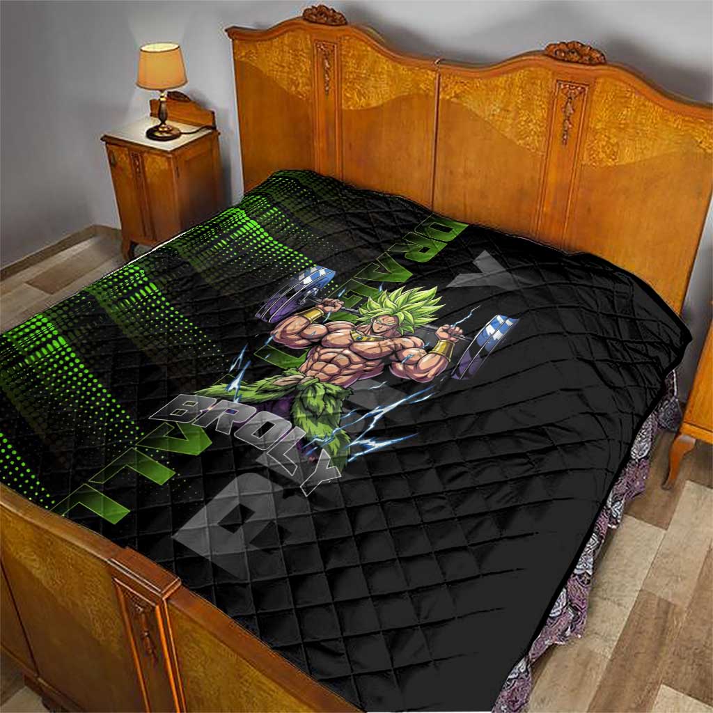 Broly Gym Theme Black and Green Design Quilt with Powerlifting Pose and Electrified Muscle Artwork - The Mazicc